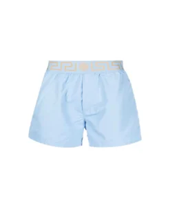 Versace Swim Shorts With Signature Greca Motif In Light Blue Technical Fabric Man