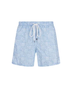 Sky Blue Swim Shorts With Flowers Pattern
