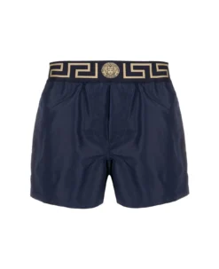 Versace Blue Swim Trunks With Greca And Medusa Head Print On Elastic Waistband In Nylon Man