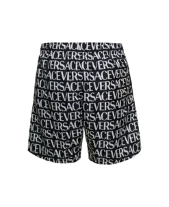 Versace Black Swim Trunks With All-over Contrasting Logo Print In Nylon Man