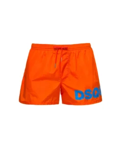 DSQUARED2 Orange Swim Trunks With Logo Print In Polyammide Man