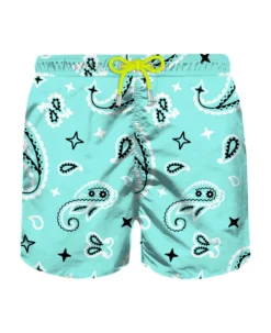 MC2 Saint Barth Man Light Fabric Swim Shorts With Water Green Bandanna Print