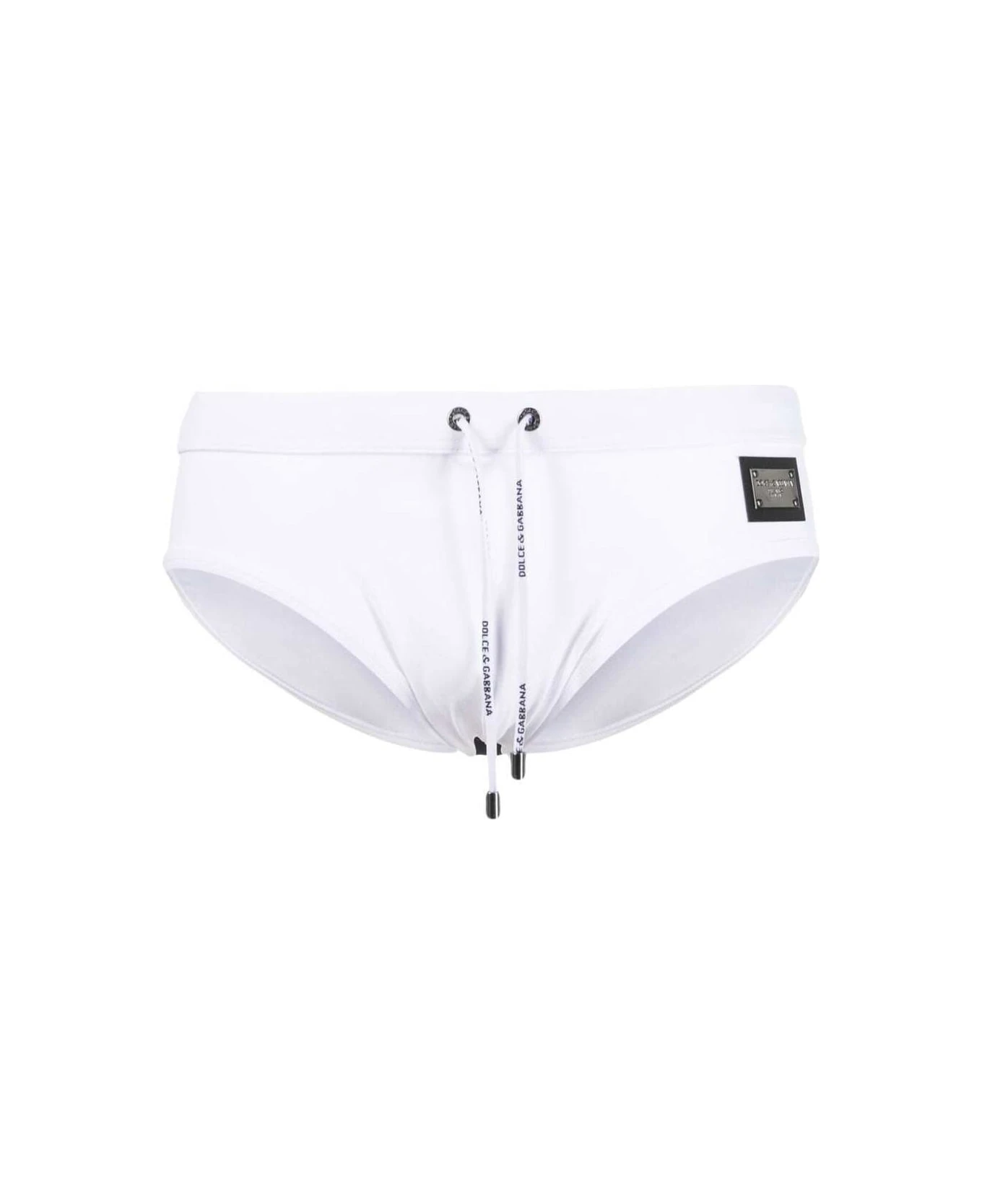 Dolce & Gabbana White Swim Briefs With Branded Drawstring And Logo Tag In Stretch Polyamide Man