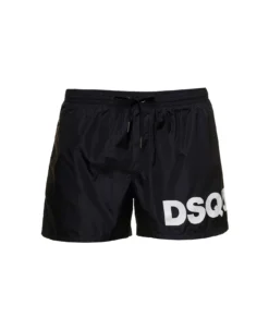 DSQUARED2 Black Swim Trunks With Logo Print In Polyammide Man