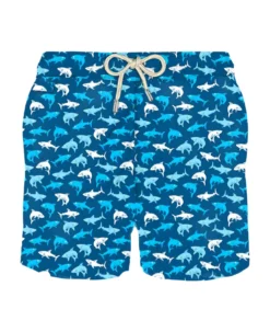 MC2 Saint Barth Man Light Fabric Swim Shorts With Multicolor Sharks Print
