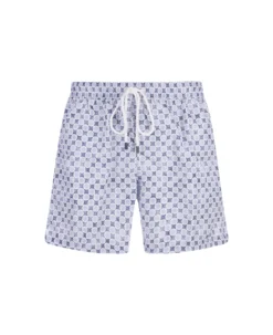 Swim Shorts With Blue Flower And Polka Dot Pattern