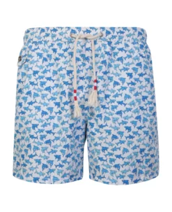 MC2 Saint Barth White/ Light Blue Sharks Print Swim Shorts By Mc Saint Barth