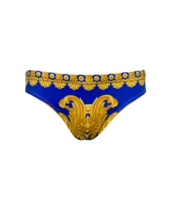 Versace Blue And Yellow Swim Briefs With All-over Barocco Print In Stretch Polyamide Man